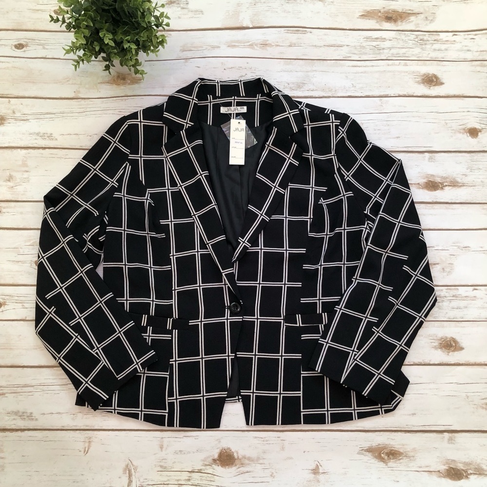 Jaja Black and White Plaid Print Blazer